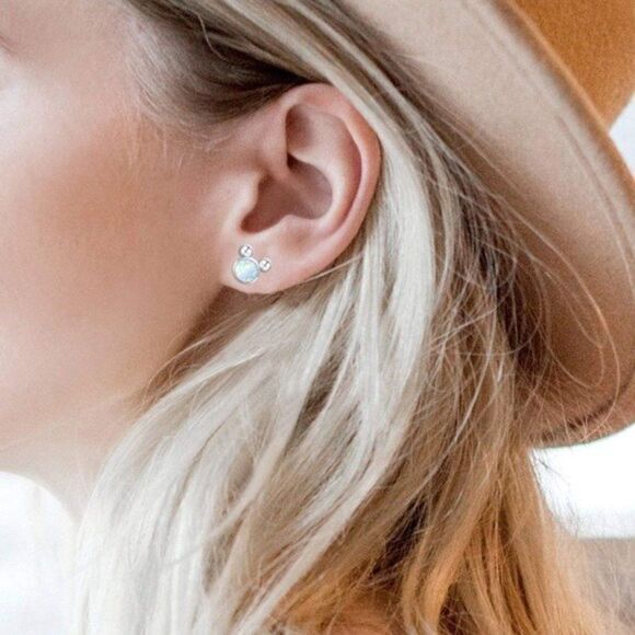 .925 Sterling Silver and White Fire Opal Mickey Mouse Post Back Stud Earrings - Picture 4 of 6